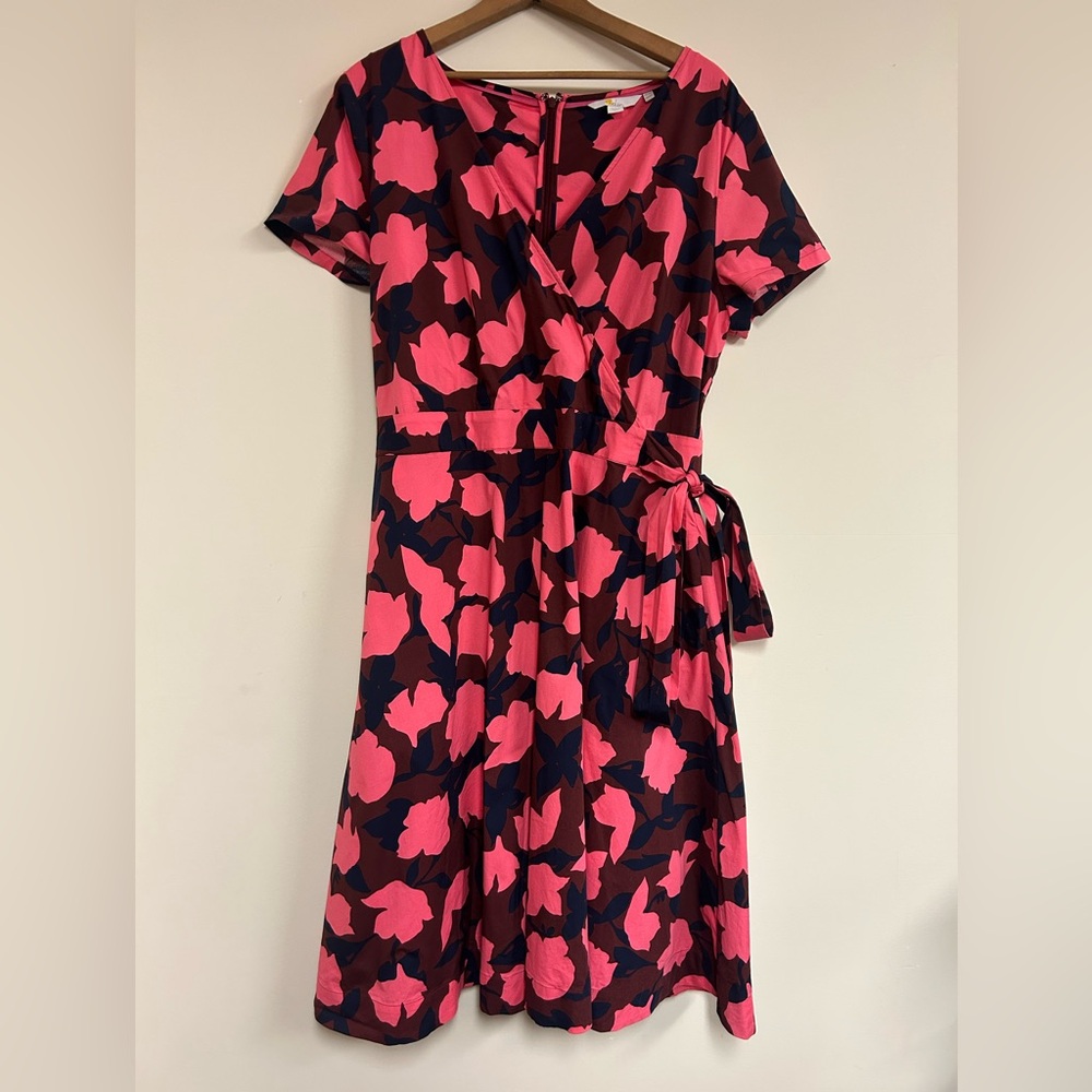 Boden Pink & Navy Floral Wrap-Style Midi Dress